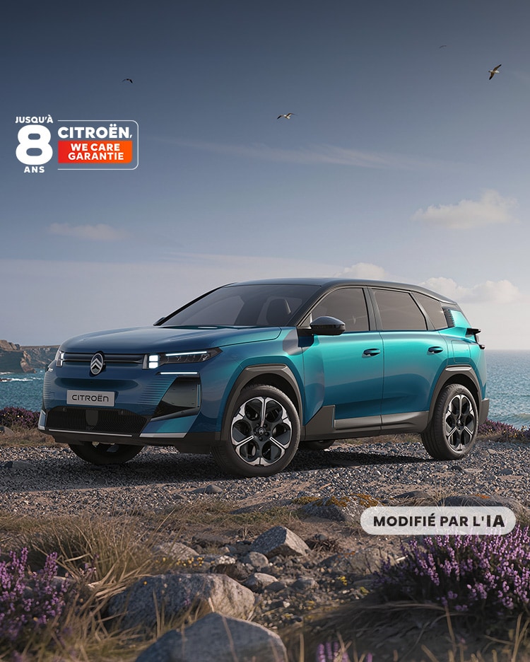 Vue avant trois quarts de la ë-Citroën C5 Aircross Émeraude, avec la signature lumineuse LED Citroën et un design affirmé de SUV familial.