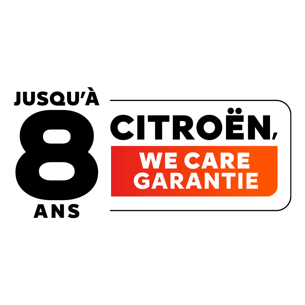 Logo du programme de garantie Citroën de 8 ans mettant en avant une couverture étendue du véhicule.