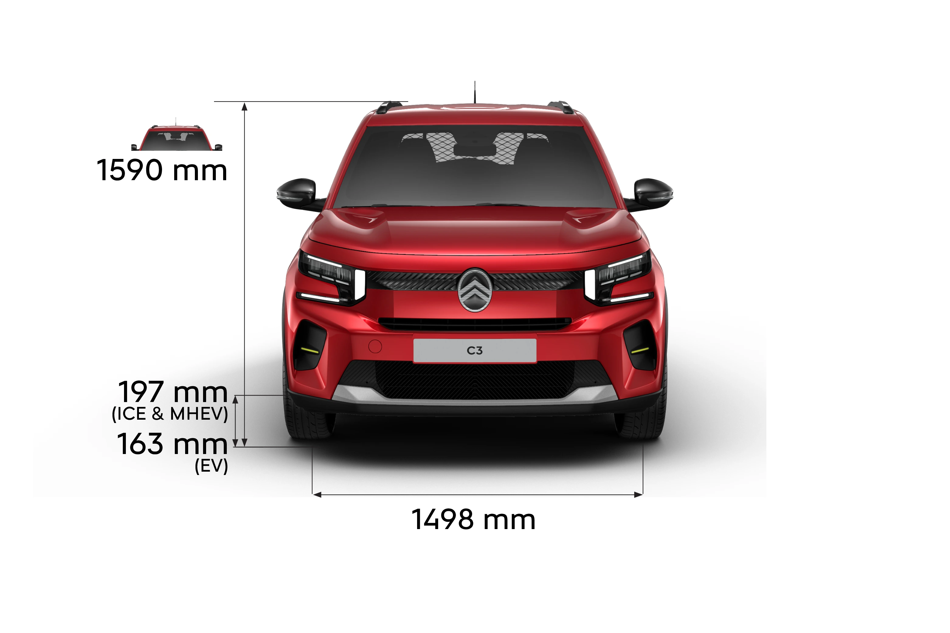 Vue de face de la Citroën ë-C3 Van avec les cotes, mettant en avant la hauteur, la largeur et la garde au sol du véhicule.