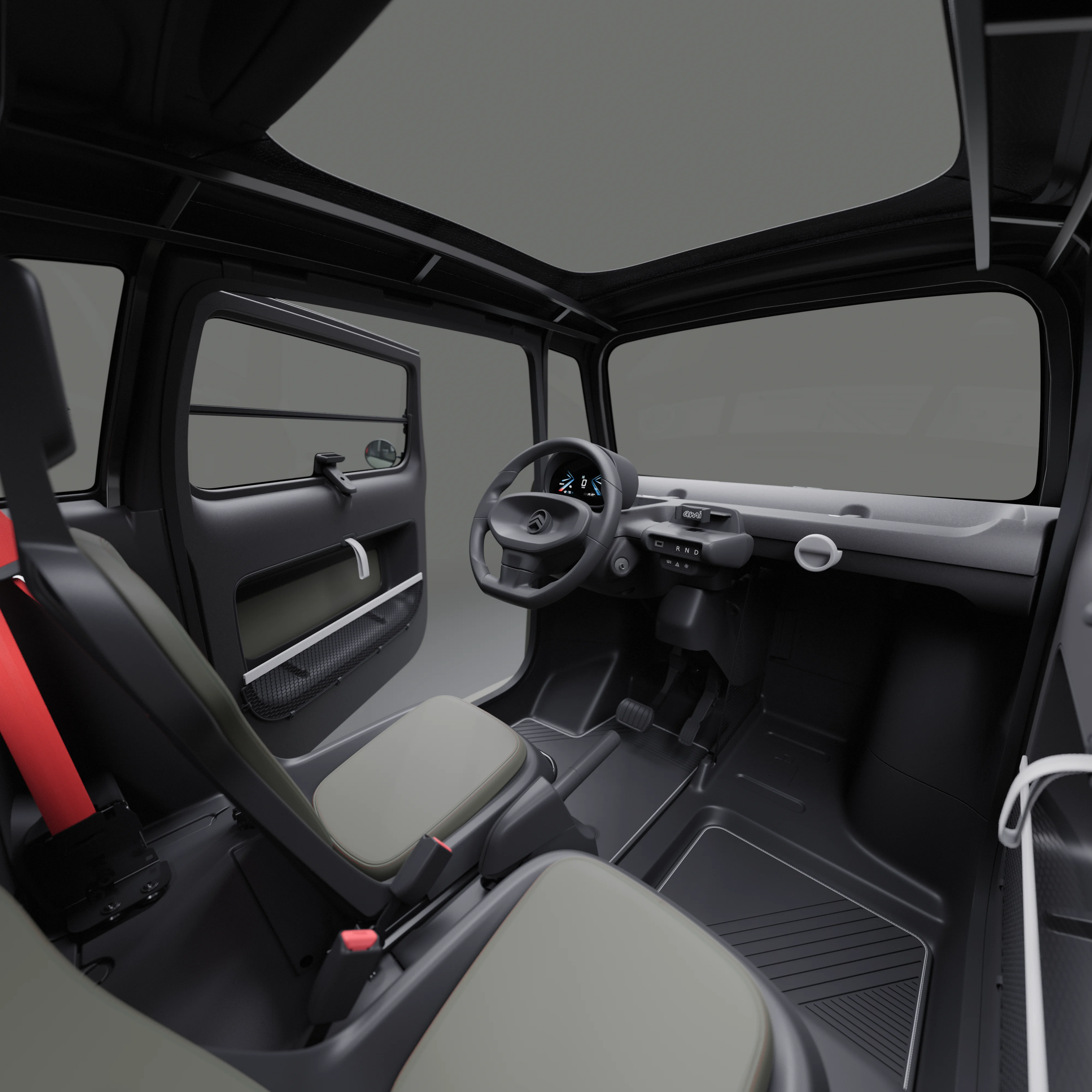 Vue intérieure avant de l’habitacle de Citroën ami Outdoor avec toit ouvrantmontrant la voiture électrique urbaine pratique pour les déplacements quotidiens