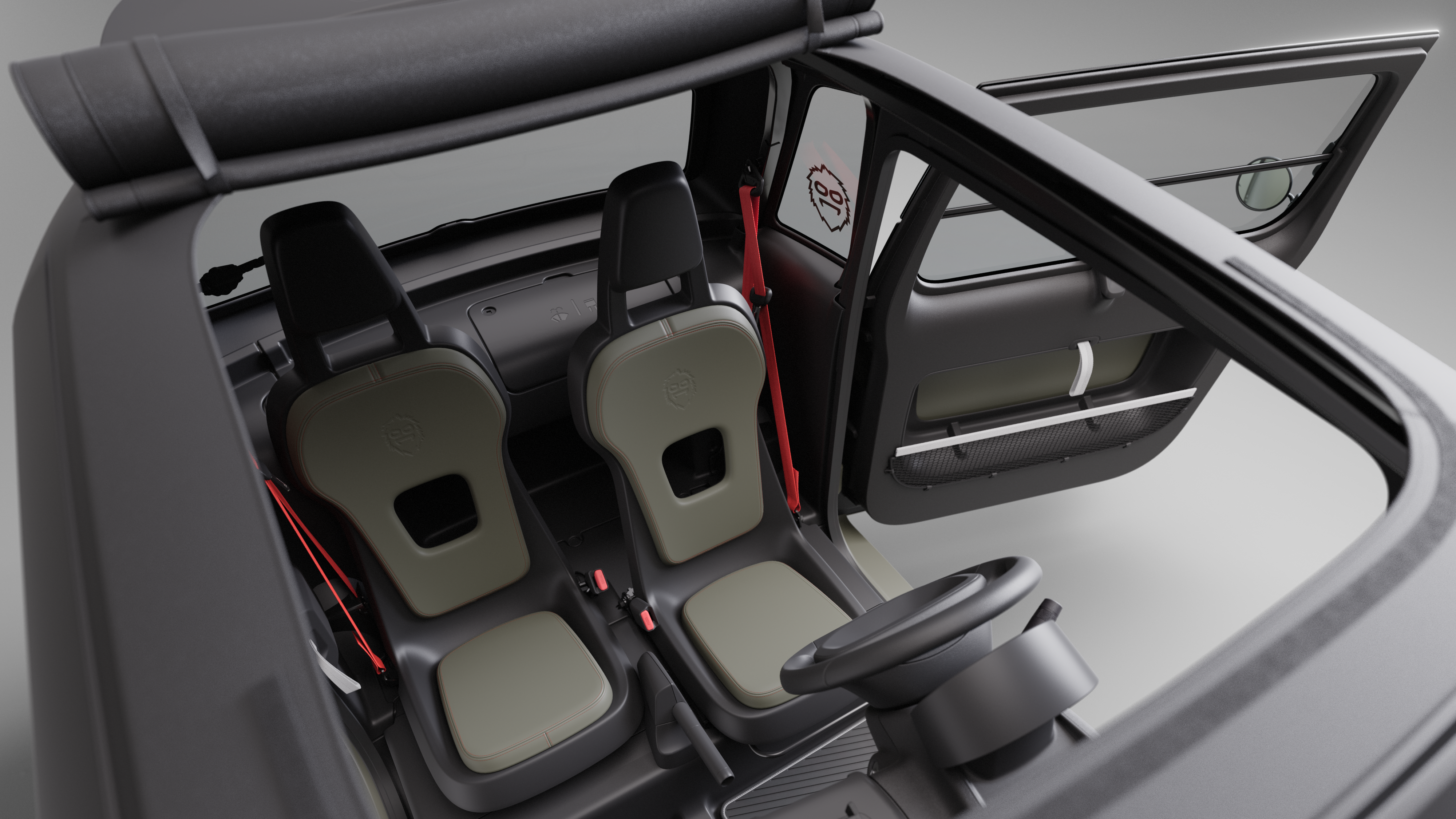 Vue intérieure en plongée de l’habitacle à ciel ouvert de Citroën ami Outdoor avec toit ouvrantmontrant la voiture électrique urbaine avec un accès facile