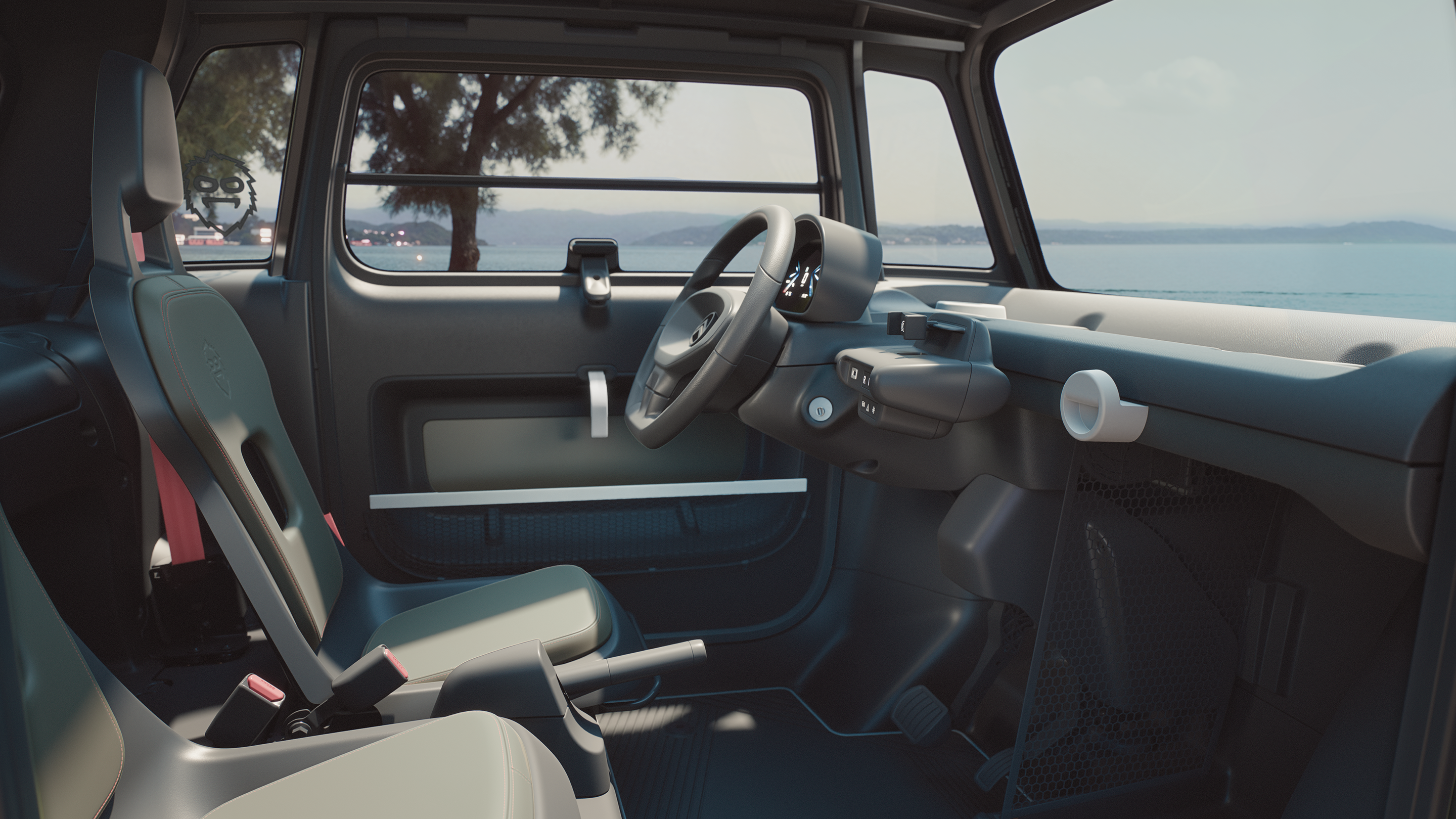 Vue intérieure côté conducteur de l’habitacle à ciel ouvert de Citroën ami Outdoormontrant la voiture électrique urbaine avec un espace ouvert