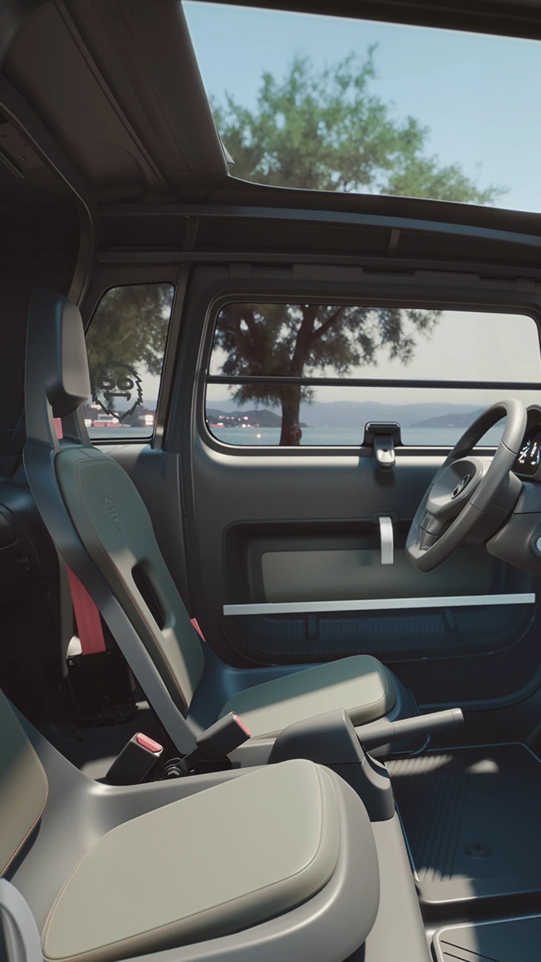 Vue intérieure Citroën ami Outdoor habitacle ouvert et toit ouvrant montre une citadine électrique conçue pour les aventures en plein air