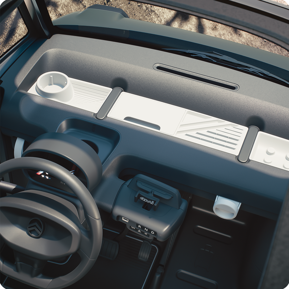 Vue intérieure de dessus de l’habitacle de Citroën ami Outdoor avec toit ouvert montre une citadine électrique axée sur une mobilité simple