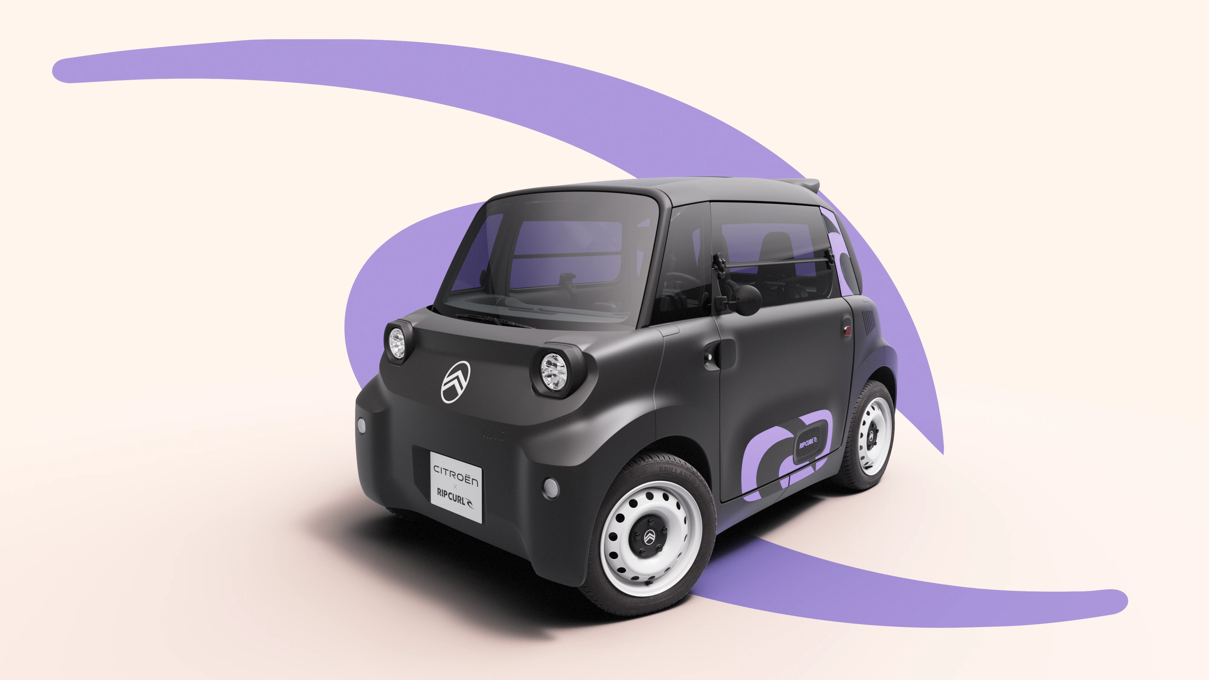 Vue de trois quarts avant de la Citroën Ami x Rip Curl électrique sans permis, Citroën Ami compacte pour la mobilité urbaine en voiture électrique