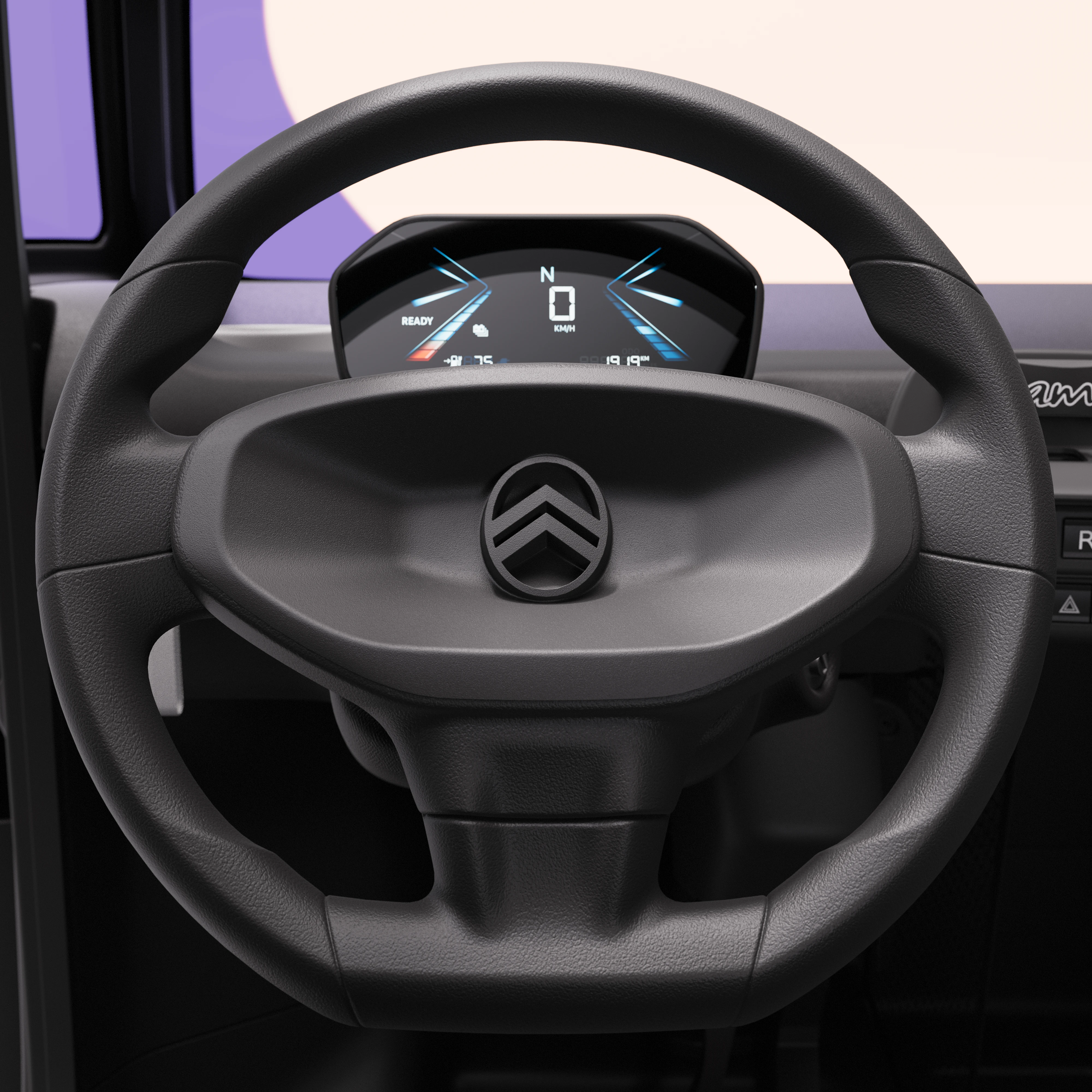 Gros plan sur le volant de la Citroën Ami x Rip Curl électrique sans permis, habitacle de la Citroën Ami pour voiture électrique urbaine