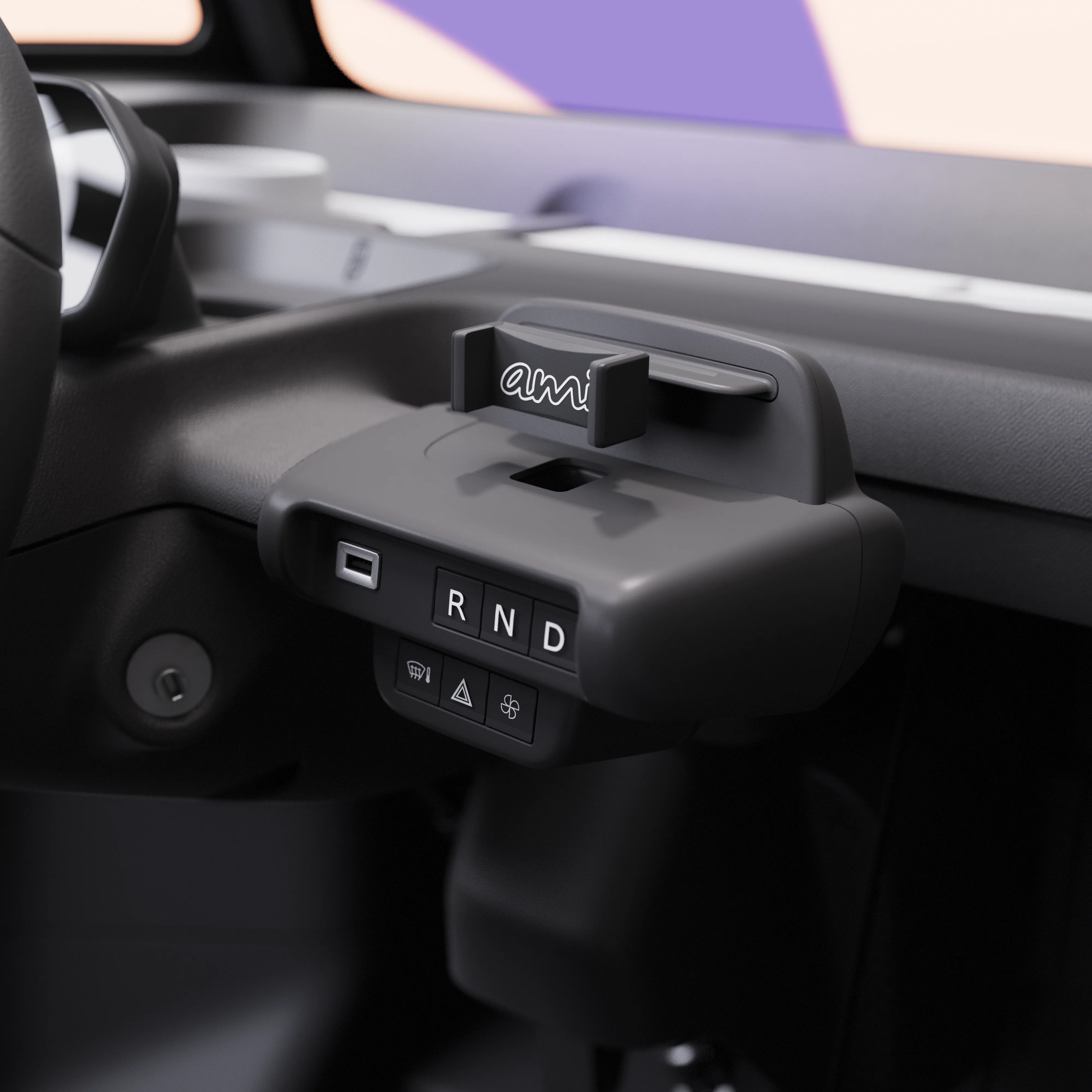 Gros plan sur la console centrale de la Citroën Ami x Rip Curl électrique sans permis, commandes simples de la Citroën Ami pour voiture électrique urbaine