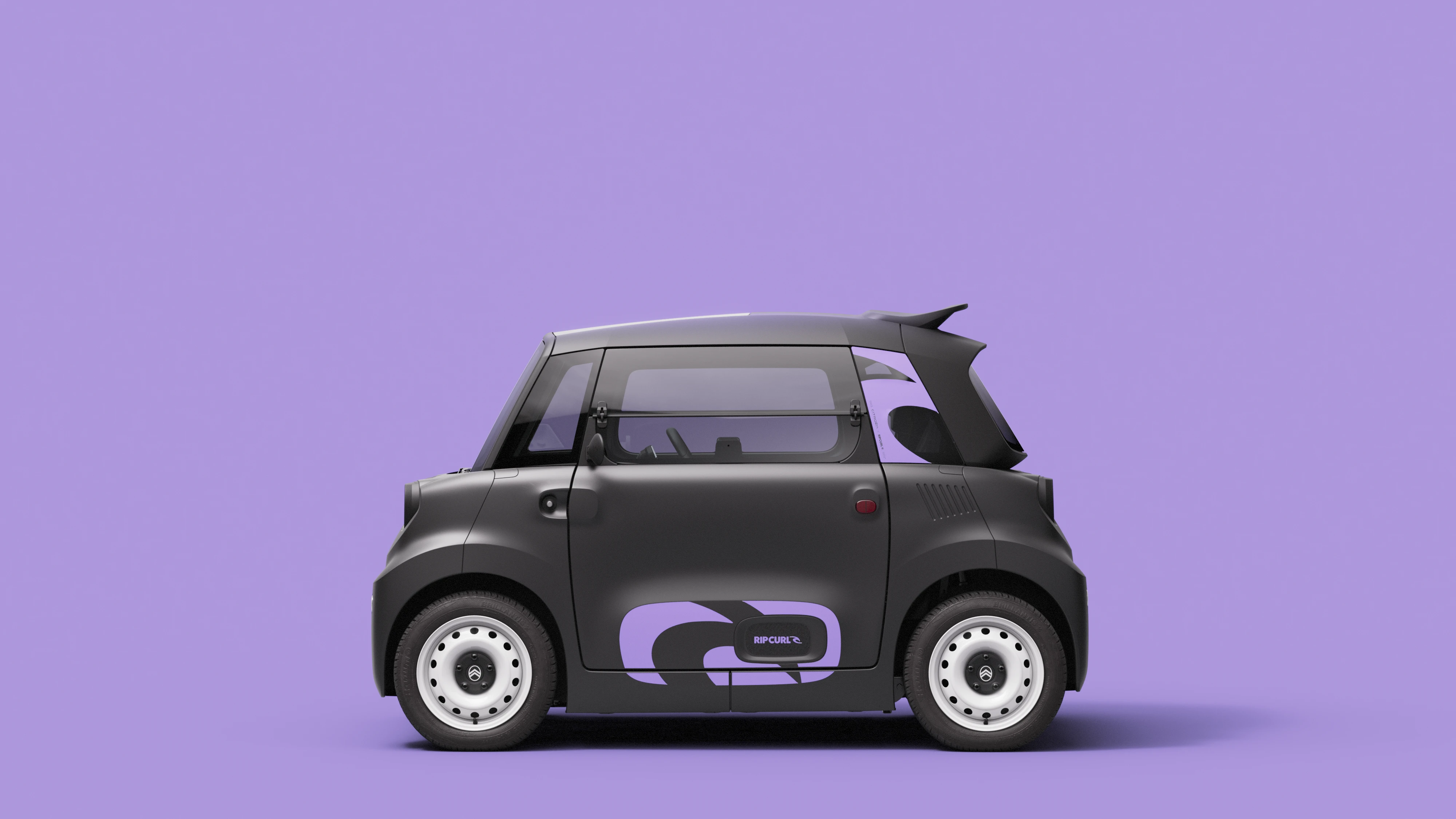 Vue latérale de la Citroën Ami x Rip Curl électrique sans permis, design compact de la Citroën Ami pour la voiture électrique urbaine