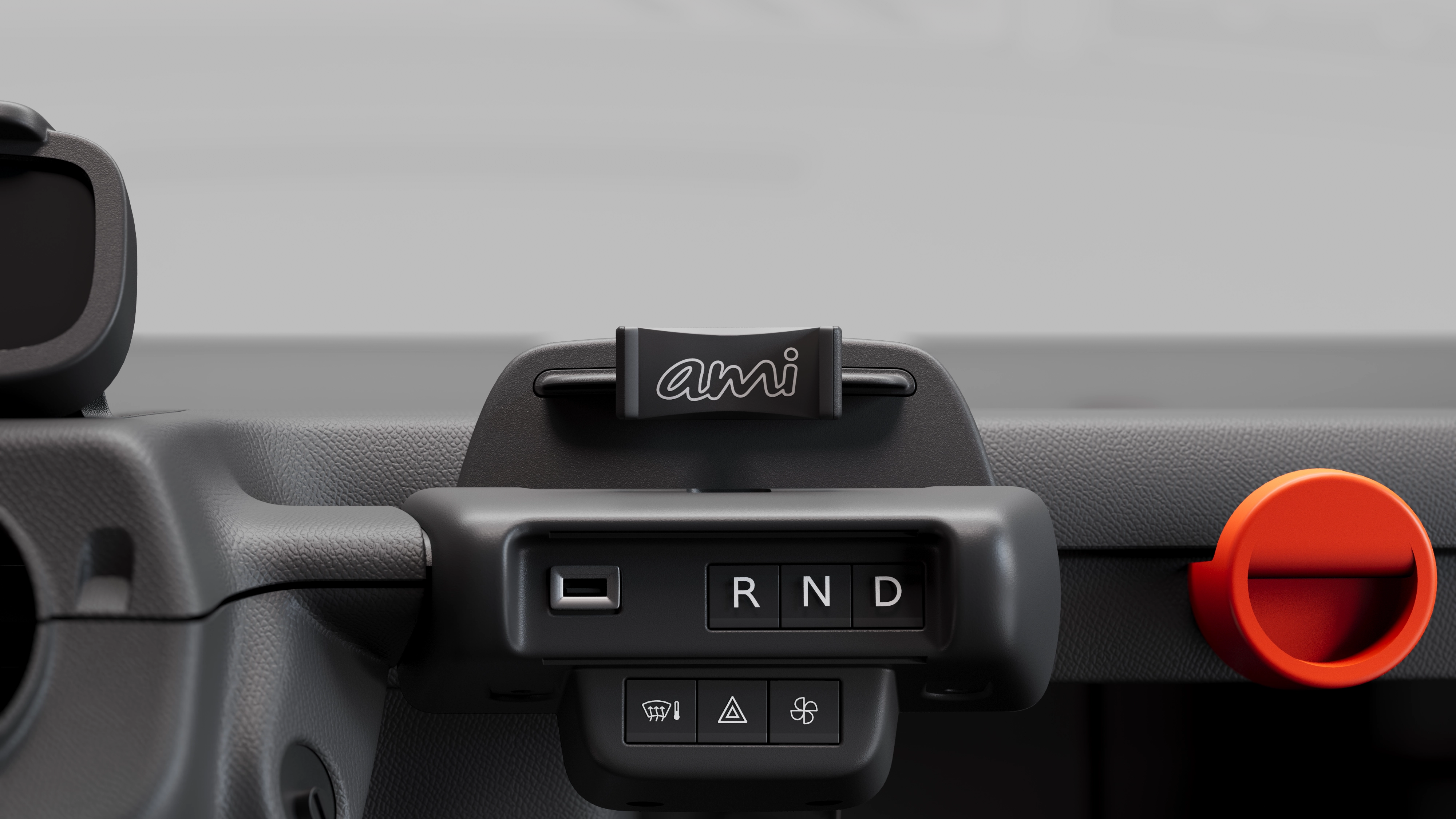 Vue rapprochée du tableau de bord Citroën Ami Spicy montrant des commandes électriques compactes, sûres et fiables, permettant une liberté urbaine innovante.