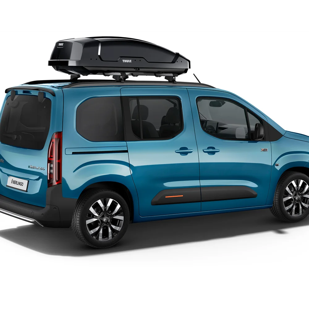 Side view Kiama Blue Berlingo with roof box showing practicality, safety, efficiency and confident extended storage capacity
