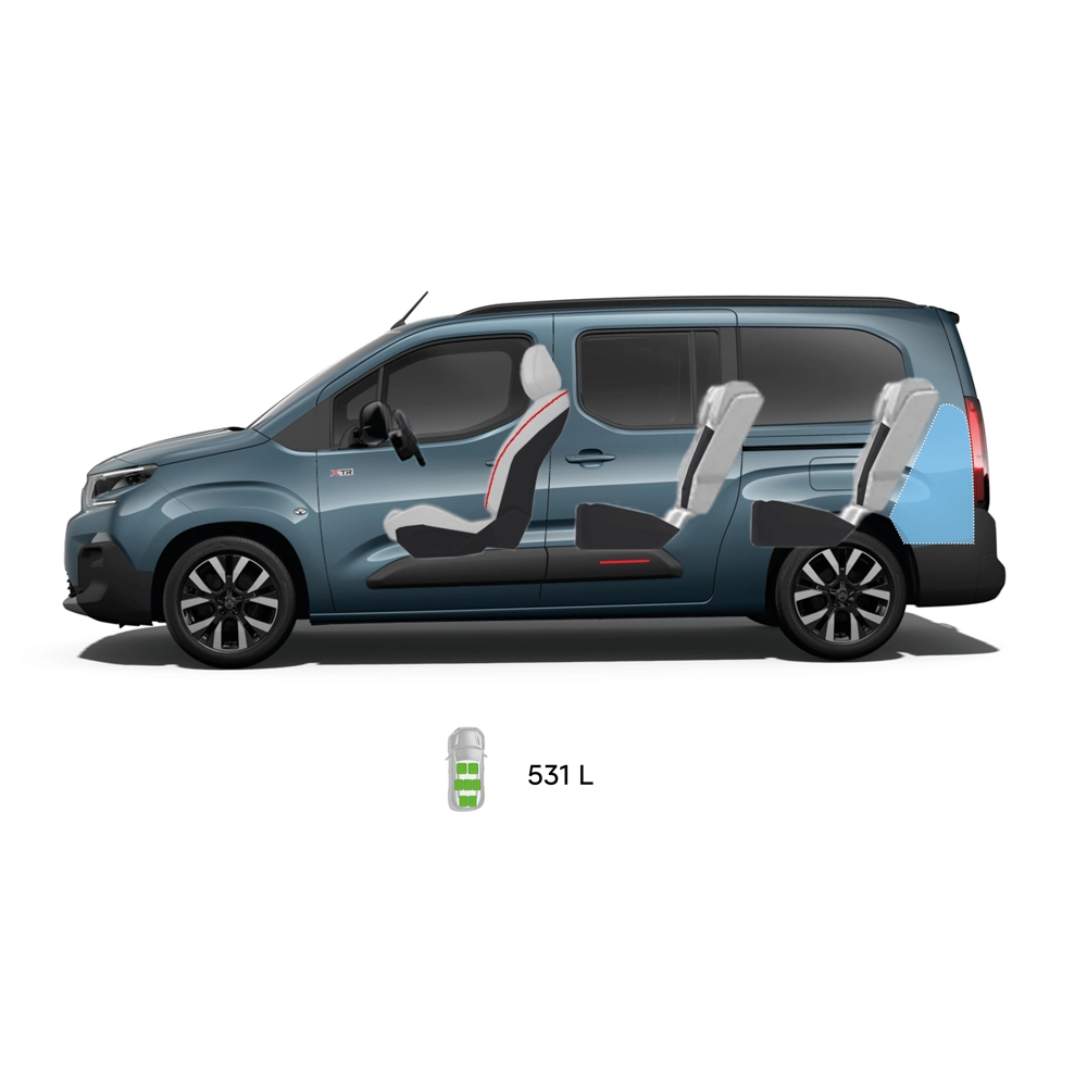 Technical dimension of ë-Berlingo showing front, side, rear and top views with key measurements and seating configurations