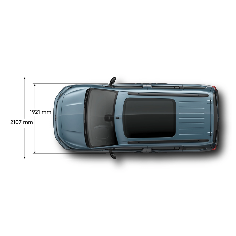 Technical dimension of ë-Berlingo showing front, side, rear and top views with key measurements and seating configurations