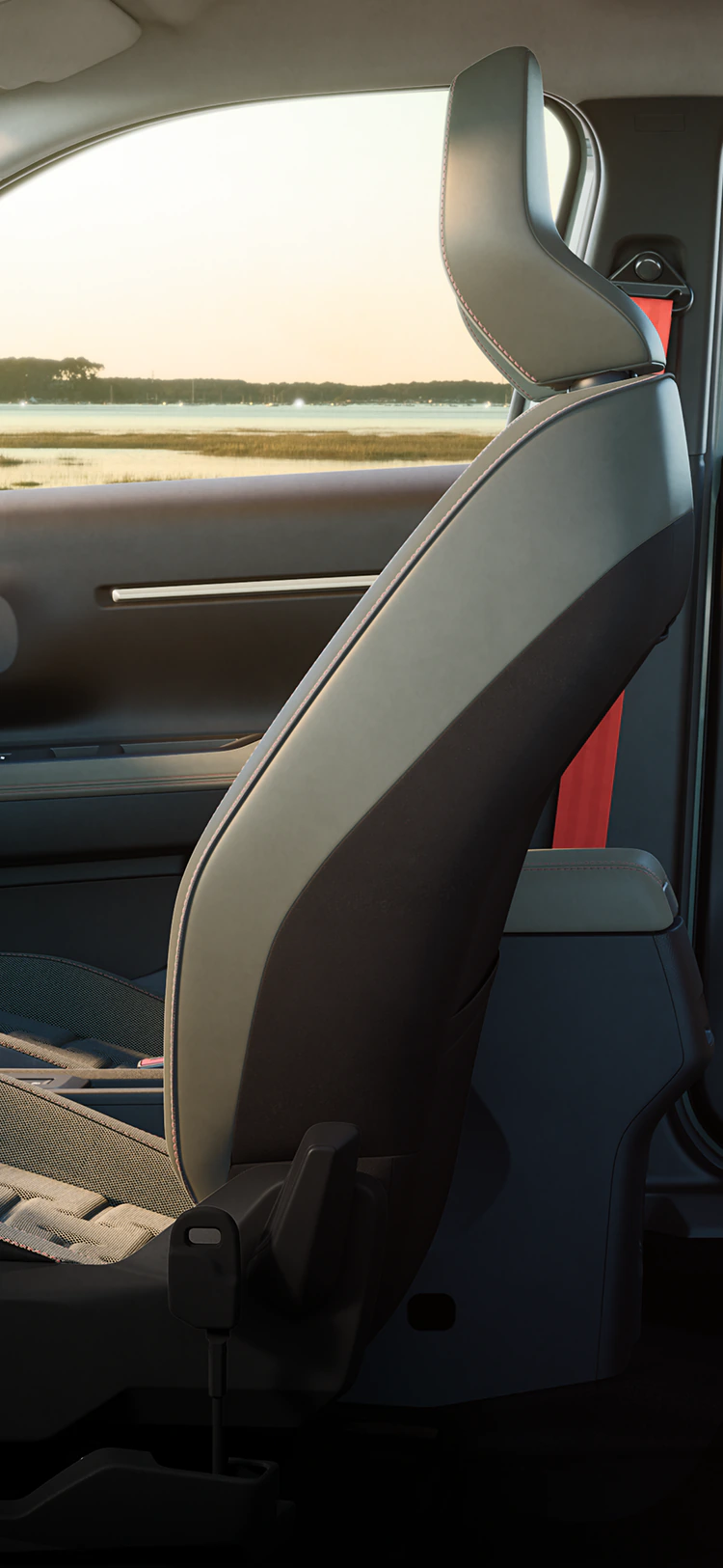 Vue latérale de l’habitacle de la Citroën ë-C3 Outdoor avec sièges Advanced Comfort, offrant un espace généreux pour toute la famille à bord du SUV.