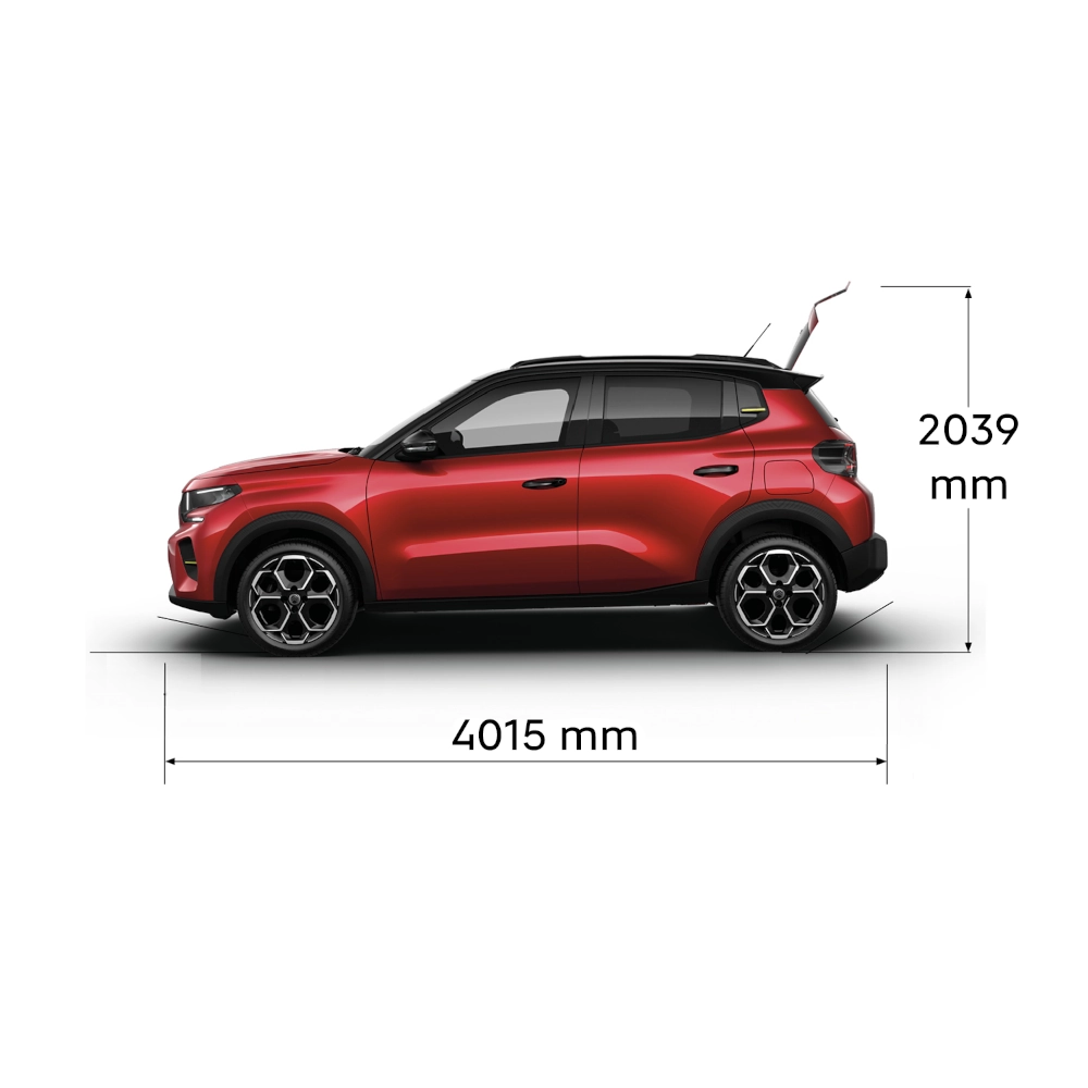 Vue sous plusieurs angles de Citroën ë-C3, présentant ses dimensions extérieures complètes pour mobilité, spacieuse.