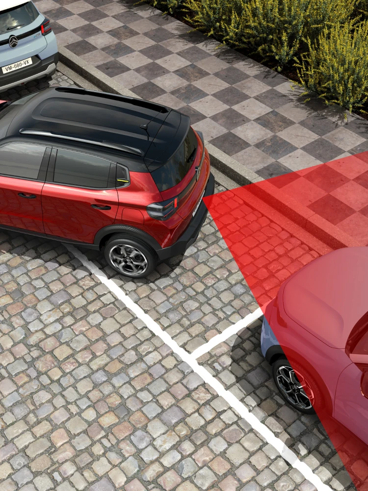 Vue dessus de Citroën ë-C3, montrant les capteurs de stationnement arrière pour des manœuvress plus sûres.