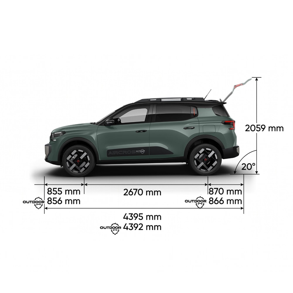 Vue sous plusieurs angles du SUV électrique Citroën ë‑C3 Aircross présentant ses dimensions extérieures complètes et ses volumes intérieurs, pour une mobilité pratique et abordable.