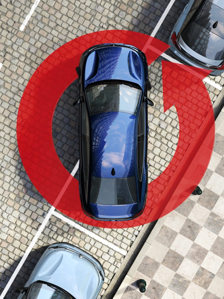 Vue aérienne de la Citroën ë‑C4 X équipée d'une caméra à 360° offrant une vue complète des environs