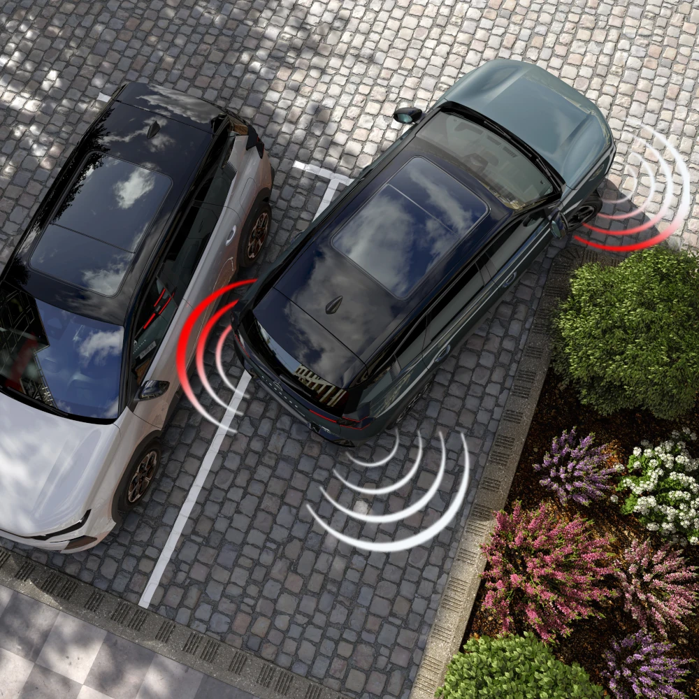 Vue dessus de ë-C5 Aircross avec capteurs avant et arrière améliorant visibilité, sécurité.