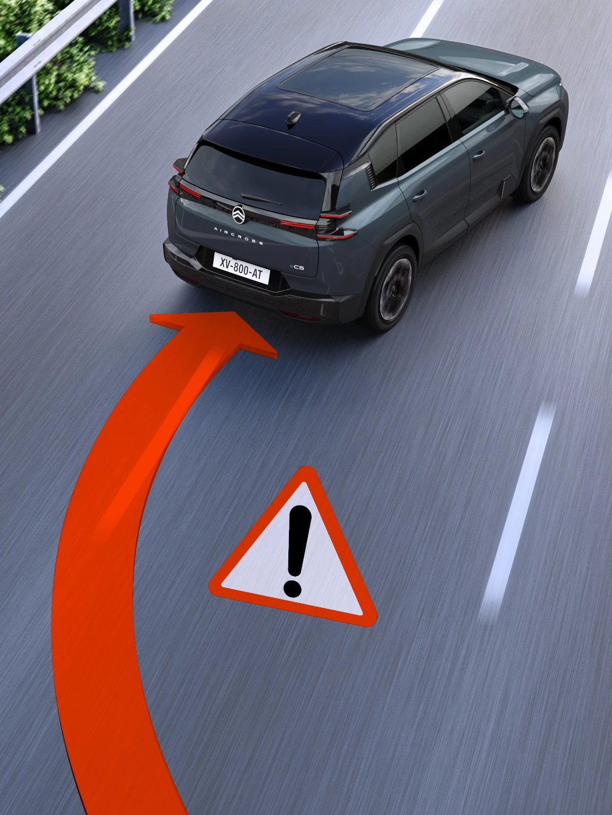 Vue arrière trois-quarts de ë-C5 Aircross avec alerte de franchissement de ligne, améliorant la sécurité.