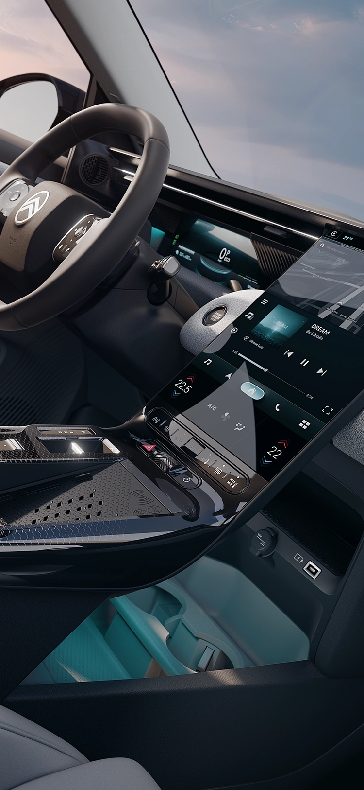 Détail du poste de conduite intérieur de la Citroën ë-C5 Aircross Émeraude mettant en avant l’écran Citroën Waterfall, la navigation 3D et les fonctionnalités de connectivité, pour un SUV familial connecté offrant un confort d’utilisation optimal.