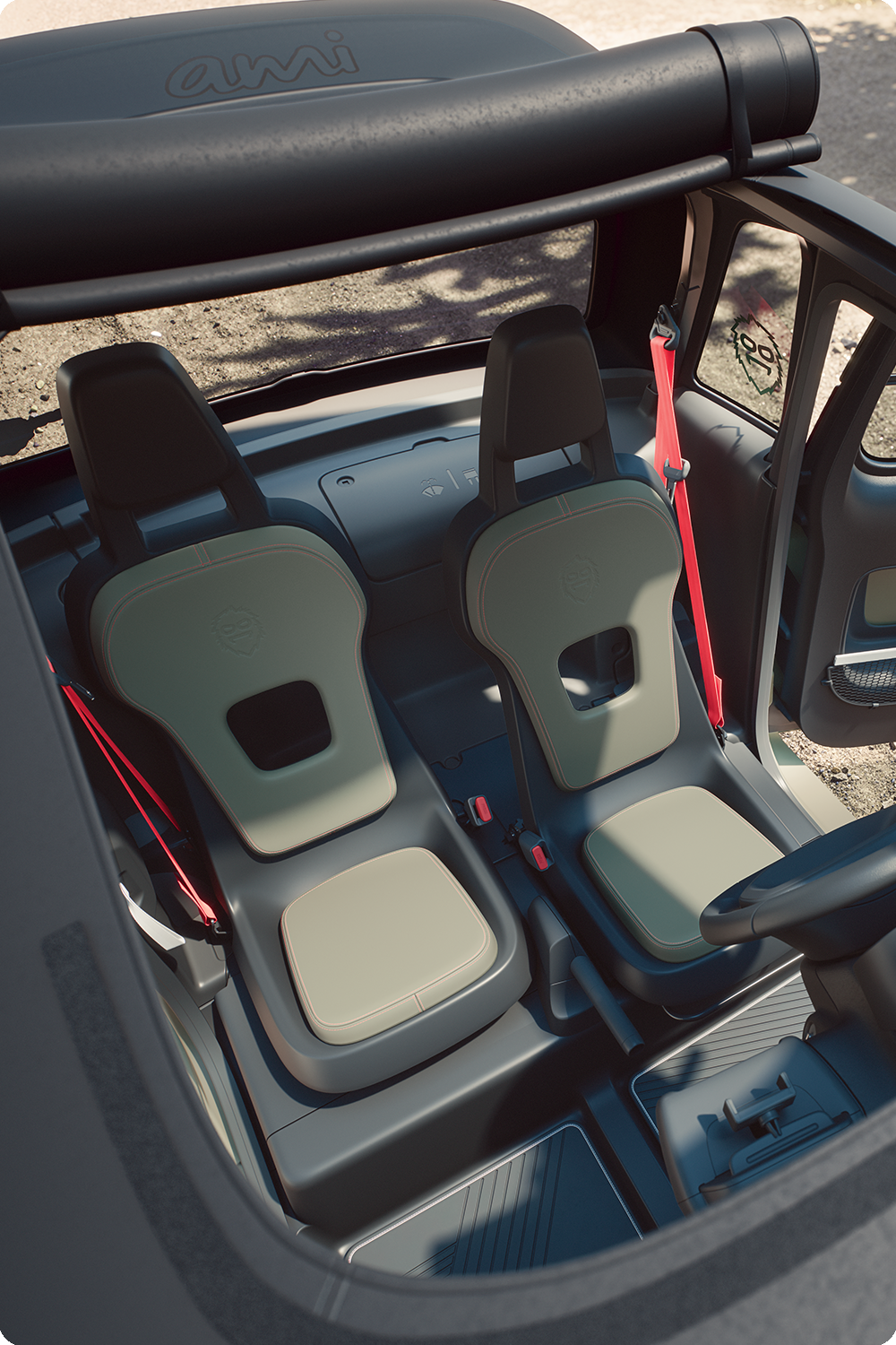 Vue intérieure plongeante de la Citroën ami Outdoor, habitacle compact, électrique et accessible, doté d’une configuration de sièges innovante pour la mobilité du quotidien.