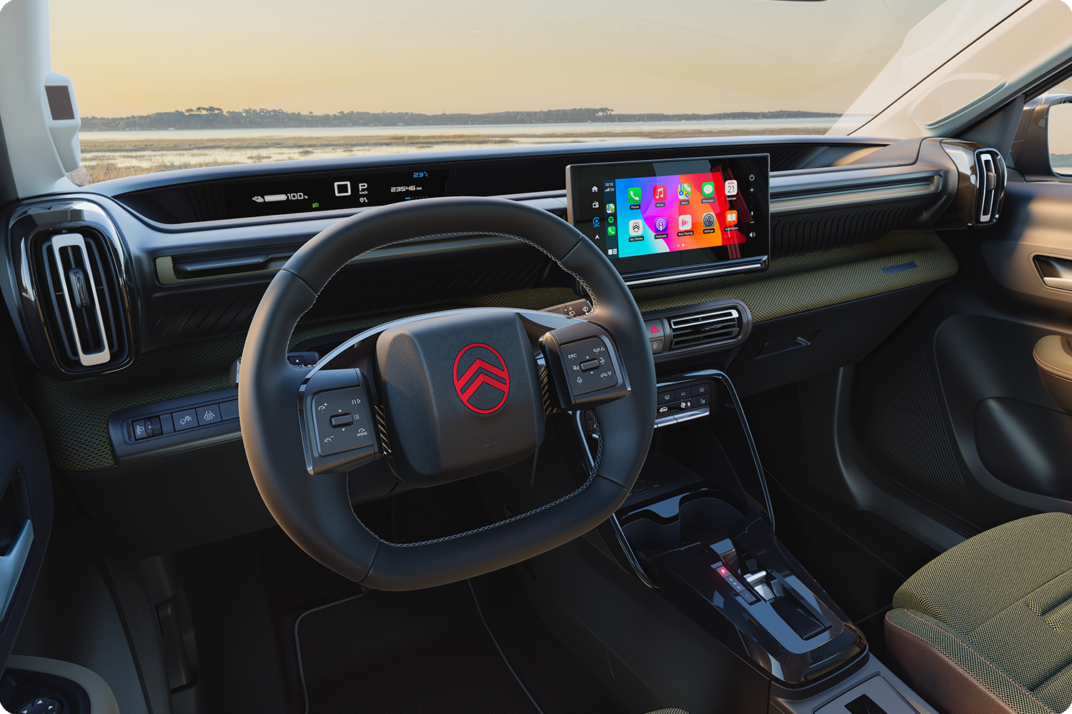 Gros plan sur la planche de bord de la Citroën C3 Outdoor ; l’écran tactile met en avant les technologies de connectivité Advanced Comfort pour les trajets en SUV compact.